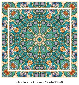  Hand drawn decorative square pattern with ornate frame. Colorful floral geometric ornament. Bandana shawl, tablecloth fabric print, silk neck scarf, kerchief design. Vector doodle illustration