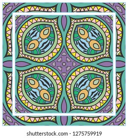  Hand drawn decorative square pattern with ornate frame. Colorful floral geometric ornament. Bandana shawl, tablecloth fabric print, silk neck scarf, kerchief design. Vector doodle illustration