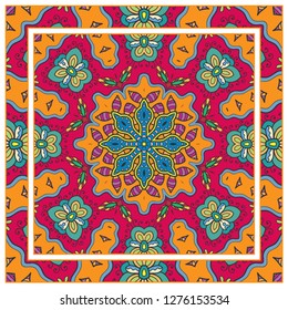  Hand drawn decorative square pattern with ornate frame. Colorful floral geometric ornament. Bandana shawl, tablecloth fabric print, silk neck scarf, kerchief design. Vector doodle illustration