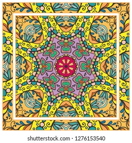  Hand drawn decorative square pattern with ornate frame. Colorful floral geometric ornament. Bandana shawl, tablecloth fabric print, silk neck scarf, kerchief design. Vector doodle illustration