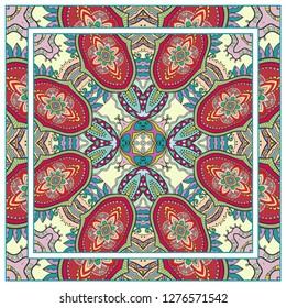  Hand drawn decorative square pattern with ornate frame. Colorful floral geometric ornament. Bandana shawl, tablecloth fabric print, silk neck scarf, kerchief design. Vector doodle illustration