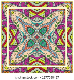  Hand drawn decorative square pattern with ornate frame. Colorful floral geometric ornament. Bandana shawl, tablecloth fabric print, silk neck scarf, kerchief design. Vector doodle illustration