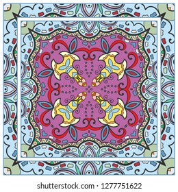 Hand drawn decorative square pattern with ornate frame. Colorful floral geometric ornament. Bandana shawl, tablecloth fabric print, silk neck scarf, kerchief design. Vector doodle illustration