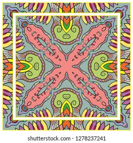  Hand drawn decorative square pattern with ornate frame. Colorful floral geometric ornament. Bandana shawl, tablecloth fabric print, silk neck scarf, kerchief design. Vector doodle illustration