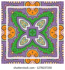  Hand drawn decorative square pattern with ornate frame. Colorful floral geometric ornament. Bandana shawl, tablecloth fabric print, silk neck scarf, kerchief design. Vector doodle illustration