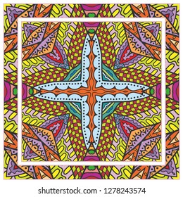  Hand drawn decorative square pattern with ornate frame. Colorful floral geometric ornament. Bandana shawl, tablecloth fabric print, silk neck scarf, kerchief design. Vector doodle illustration