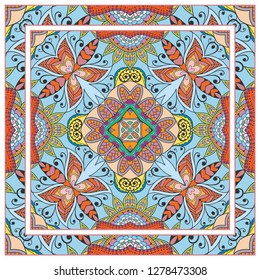  Hand drawn decorative square pattern with ornate frame. Colorful floral geometric ornament. Bandana shawl, tablecloth fabric print, silk neck scarf, kerchief design. Vector doodle illustration