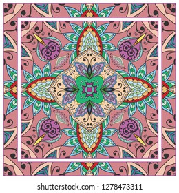  Hand drawn decorative square pattern with ornate frame. Colorful floral geometric ornament. Bandana shawl, tablecloth fabric print, silk neck scarf, kerchief design. Vector doodle illustration