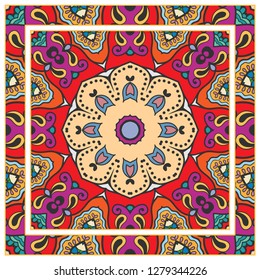  Hand drawn decorative square pattern with ornate frame. Colorful floral geometric ornament. Bandana shawl, tablecloth fabric print, silk neck scarf, kerchief design. Vector doodle illustration
