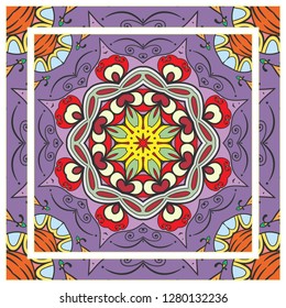  Hand drawn decorative square pattern with ornate frame. Colorful floral geometric ornament. Bandana shawl, tablecloth fabric print, silk neck scarf, kerchief design. Vector doodle illustration