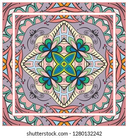  Hand drawn decorative square pattern with ornate frame. Colorful floral geometric ornament. Bandana shawl, tablecloth fabric print, silk neck scarf, kerchief design. Vector doodle illustration