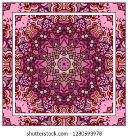  Hand drawn decorative square pattern with ornate frame. Colorful floral geometric ornament. Bandana shawl, tablecloth fabric print, silk neck scarf, kerchief design. Vector doodle illustration