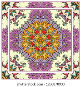  Hand drawn decorative square pattern with ornate frame. Colorful floral geometric ornament. Bandana shawl, tablecloth fabric print, silk neck scarf, kerchief design. Vector doodle illustration