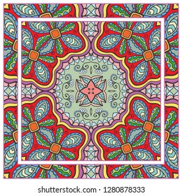  Hand drawn decorative square pattern with ornate frame. Colorful floral geometric ornament. Bandana shawl, tablecloth fabric print, silk neck scarf, kerchief design. Vector doodle illustration
