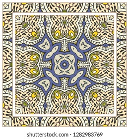  Hand drawn decorative square pattern with ornate frame. Colorful floral geometric ornament. Bandana shawl, tablecloth fabric print, silk neck scarf, kerchief design. Vector doodle illustration