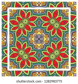  Hand drawn decorative square pattern with ornate frame. Colorful floral geometric ornament. Bandana shawl, tablecloth fabric print, silk neck scarf, kerchief design. Vector doodle illustration