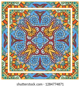  Hand drawn decorative square pattern with ornate frame. Colorful floral geometric ornament. Bandana shawl, tablecloth fabric print, silk neck scarf, kerchief design. Vector doodle illustration