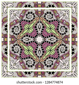  Hand drawn decorative square pattern with ornate frame. Colorful floral geometric ornament. Bandana shawl, tablecloth fabric print, silk neck scarf, kerchief design. Vector doodle illustration