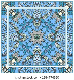  Hand drawn decorative square pattern with ornate frame. Colorful floral geometric ornament. Bandana shawl, tablecloth fabric print, silk neck scarf, kerchief design. Vector doodle illustration