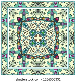  Hand drawn decorative square pattern with ornate frame. Colorful floral geometric ornament. Bandana shawl, tablecloth fabric print, silk neck scarf, kerchief design. Vector doodle illustration