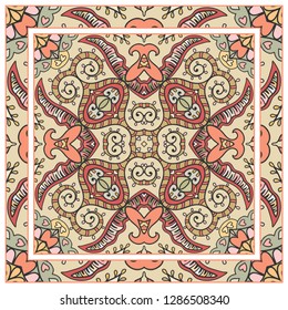  Hand drawn decorative square pattern with ornate frame. Colorful floral geometric ornament. Bandana shawl, tablecloth fabric print, silk neck scarf, kerchief design. Vector doodle illustration