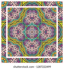  Hand drawn decorative square pattern with ornate frame. Colorful floral geometric ornament. Bandana shawl, tablecloth fabric print, silk neck scarf, kerchief design. Vector doodle illustration