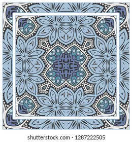  Hand drawn decorative square pattern with ornate frame. Colorful floral geometric ornament. Bandana shawl, tablecloth fabric print, silk neck scarf, kerchief design. Vector doodle illustration