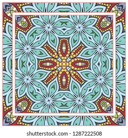  Hand drawn decorative square pattern with ornate frame. Colorful floral geometric ornament. Bandana shawl, tablecloth fabric print, silk neck scarf, kerchief design. Vector doodle illustration