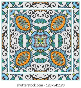  Hand drawn decorative square pattern with ornate frame. Colorful floral geometric ornament. Bandana shawl, tablecloth fabric print, silk neck scarf, kerchief design. Vector doodle illustration