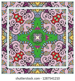  Hand drawn decorative square pattern with ornate frame. Colorful floral geometric ornament. Bandana shawl, tablecloth fabric print, silk neck scarf, kerchief design. Vector doodle illustration