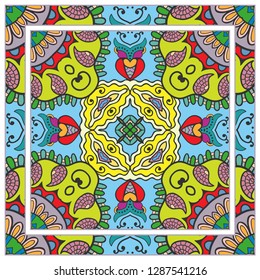  Hand drawn decorative square pattern with ornate frame. Colorful floral geometric ornament. Bandana shawl, tablecloth fabric print, silk neck scarf, kerchief design. Vector doodle illustration