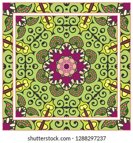  Hand drawn decorative square pattern with ornate frame. Colorful floral geometric ornament. Bandana shawl, tablecloth fabric print, silk neck scarf, kerchief design. Vector doodle illustration