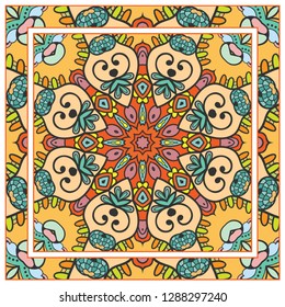  Hand drawn decorative square pattern with ornate frame. Colorful floral geometric ornament. Bandana shawl, tablecloth fabric print, silk neck scarf, kerchief design. Vector doodle illustration