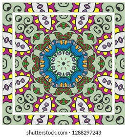  Hand drawn decorative square pattern with ornate frame. Colorful floral geometric ornament. Bandana shawl, tablecloth fabric print, silk neck scarf, kerchief design. Vector doodle illustration