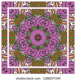  Hand drawn decorative square pattern with ornate frame. Colorful floral geometric ornament. Bandana shawl, tablecloth fabric print, silk neck scarf, kerchief design. Vector doodle illustration