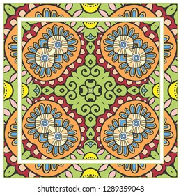  Hand drawn decorative square pattern with ornate frame. Colorful floral geometric ornament. Bandana shawl, tablecloth fabric print, silk neck scarf, kerchief design. Vector doodle illustration