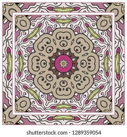  Hand drawn decorative square pattern with ornate frame. Colorful floral geometric ornament. Bandana shawl, tablecloth fabric print, silk neck scarf, kerchief design. Vector doodle illustration