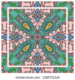  Hand drawn decorative square pattern with ornate frame. Colorful floral geometric ornament. Bandana shawl, tablecloth fabric print, silk neck scarf, kerchief design. Vector doodle illustration