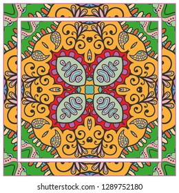  Hand drawn decorative square pattern with ornate frame. Colorful floral geometric ornament. Bandana shawl, tablecloth fabric print, silk neck scarf, kerchief design. Vector doodle illustration