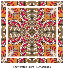  Hand drawn decorative square pattern with ornate frame. Colorful floral geometric ornament. Bandana shawl, tablecloth fabric print, silk neck scarf, kerchief design. Vector doodle illustration