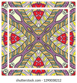  Hand drawn decorative square pattern with ornate frame. Colorful floral geometric ornament. Bandana shawl, tablecloth fabric print, silk neck scarf, kerchief design. Vector doodle illustration