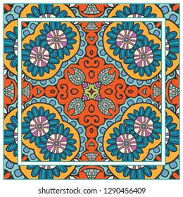  Hand drawn decorative square pattern with ornate frame. Colorful floral geometric ornament. Bandana shawl, tablecloth fabric print, silk neck scarf, kerchief design. Vector doodle illustration