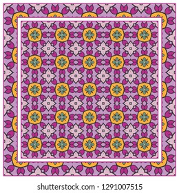  Hand drawn decorative square pattern with ornate frame. Colorful floral geometric ornament. Bandana shawl, tablecloth fabric print, silk neck scarf, kerchief design. Vector doodle illustration
