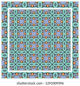  Hand drawn decorative square pattern with ornate frame. Colorful floral geometric ornament. Bandana shawl, tablecloth fabric print, silk neck scarf, kerchief design. Vector doodle illustration