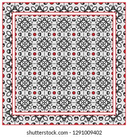  Hand drawn decorative square pattern with ornate frame. Colorful floral geometric ornament. Bandana shawl, tablecloth fabric print, silk neck scarf, kerchief design. Vector doodle illustration