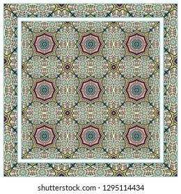  Hand drawn decorative square pattern with ornate frame. Colorful floral geometric ornament. Bandana shawl, tablecloth fabric print, silk neck scarf, kerchief design. Vector doodle illustration