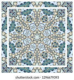  Hand drawn decorative square pattern with ornate frame. Colorful floral geometric ornament. Bandana shawl, tablecloth fabric print, silk neck scarf, kerchief design. Vector doodle illustration