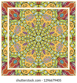  Hand drawn decorative square pattern with ornate frame. Colorful floral geometric ornament. Bandana shawl, tablecloth fabric print, silk neck scarf, kerchief design. Vector doodle illustration