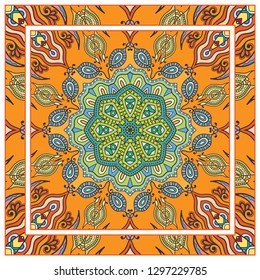  Hand drawn decorative square pattern with ornate frame. Colorful floral geometric ornament. Bandana shawl, tablecloth fabric print, silk neck scarf, kerchief design. Vector doodle illustration