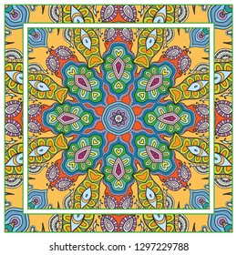  Hand drawn decorative square pattern with ornate frame. Colorful floral geometric ornament. Bandana shawl, tablecloth fabric print, silk neck scarf, kerchief design. Vector doodle illustration